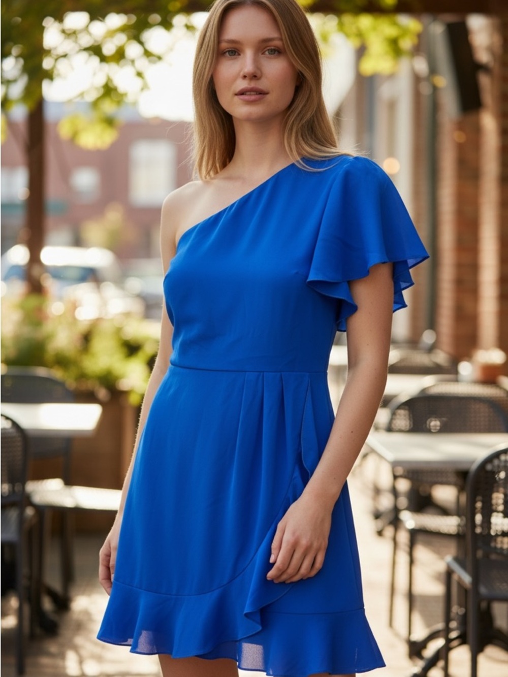 Asymmetric One-Shoulder Mini Dress in Cobalt Blue